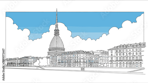 Linear cityscape of historic buildings with blue sky and clouds