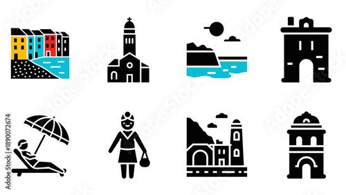 Minimalist travel icons set featuring european landmarks and scenic views