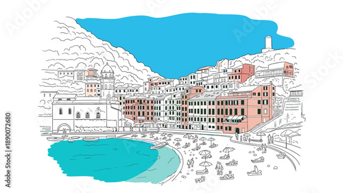 Coastal townscape in italy with scenic architecture and sandy beach in linear art style