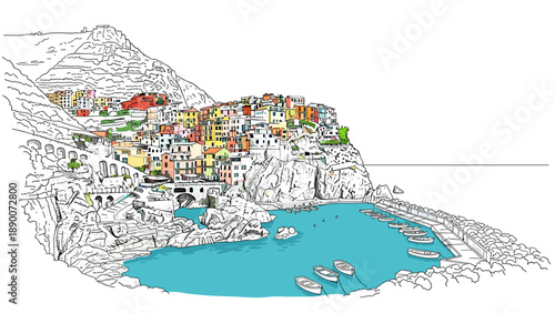 Coastal village line art with vibrant colors and serene seascape