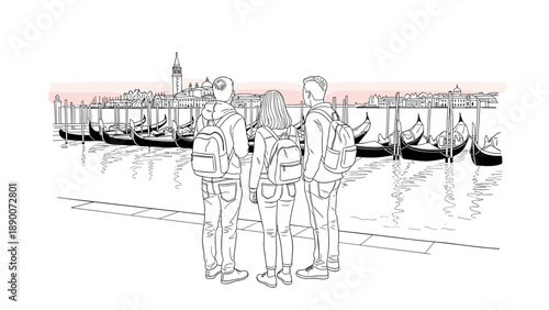 Linear art of travelers admiring venice skyline and gondolas at sunset