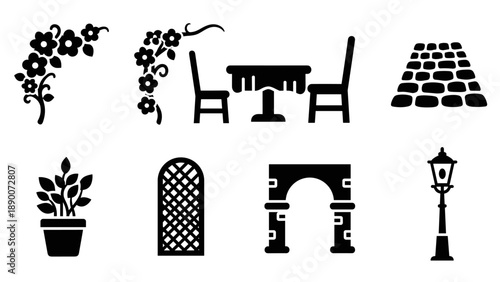 Elegant silhouette garden elements with furniture and decorative features