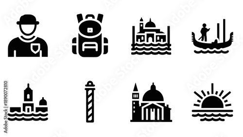 Venice icons set: minimalist travel and culture symbol collection