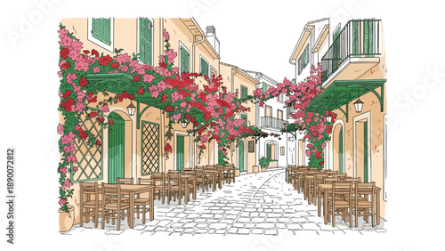 Charming mediterranean village street with blooming bougainvillea and outdoor seating