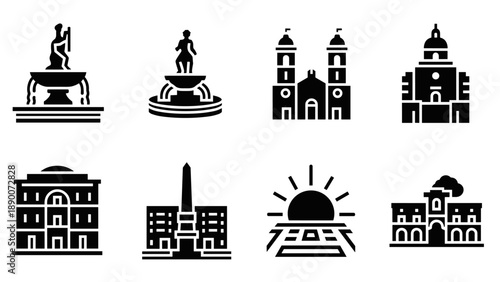 Historic city icons: monuments and architecture in minimalist silhouettes