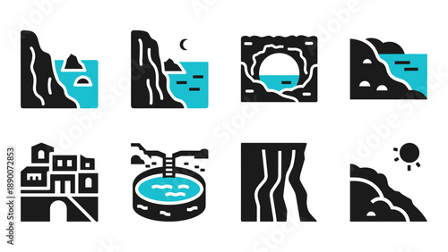 Minimalist coastal icon set featuring cliff and ocean scenery in flat style