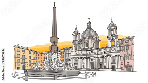 Hand-drawn piazza navona rome with fountain and baroque church in the background