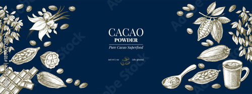 Retro hand drawn sketch cocoa chocolate product background. Vintage vector illustration of natural healthy food. Packaging design of cacao powder