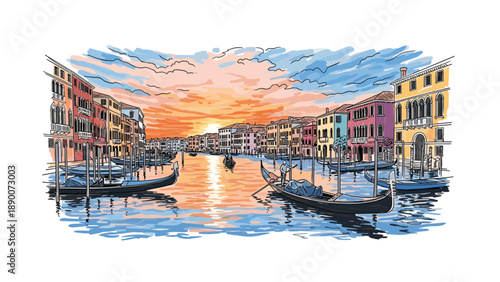 Vibrant canal scene at sunset with gondolas and colorful buildings