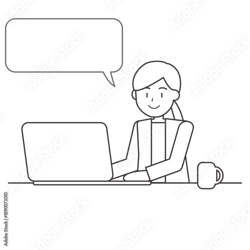 吹き出し付きで作業する女性の線画イラスト　会話表現用素材
