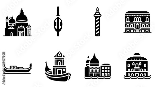 Icon set of venice landmarks in italy featuring gondolas, churches, and historic buildings