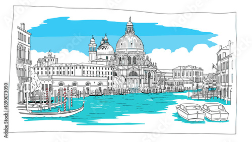 Venice canal scene with linear architecture and blue sky