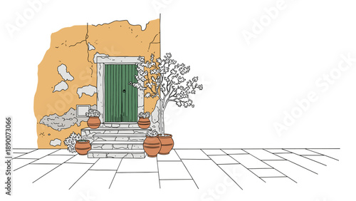 Charming mediterranean doorway with rustic wall and potted plants