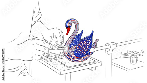 Crafting a glass swan: hands-on lampworking art with vibrant red and blue details