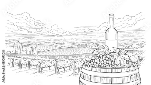 Scenic vineyard landscape with wine bottle and grapes on barrel in line art