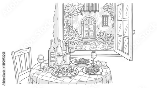 Italian terrace dining with wine and pizza in a cozy black and white sketch