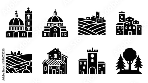 Silhouette icons of italian architecture and countryside landscapes