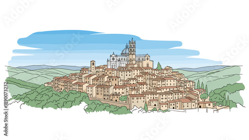Charming hilltop cityscape with historic buildings and scenic views