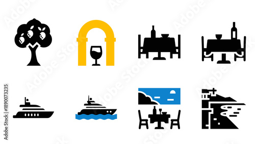 Wine and dine silhouette icons: trees, tables, yachts, scenic coastline