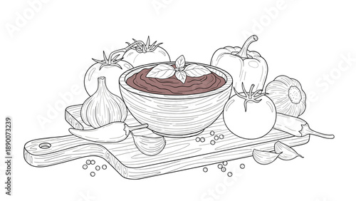 Hand drawn vegetables and sauce bowl on cutting board