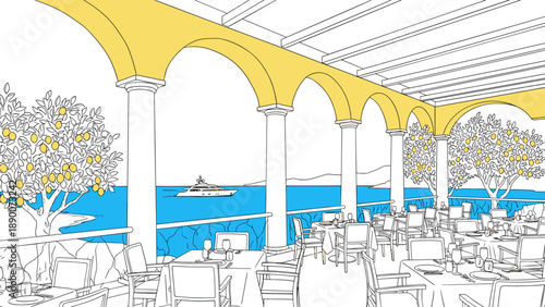 Mediterranean terrace with lemon trees overlooking the sea and yacht