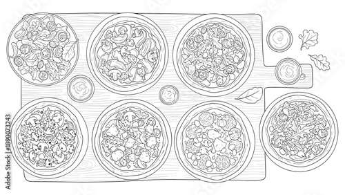 Line art of assorted salads on rustic wooden board
