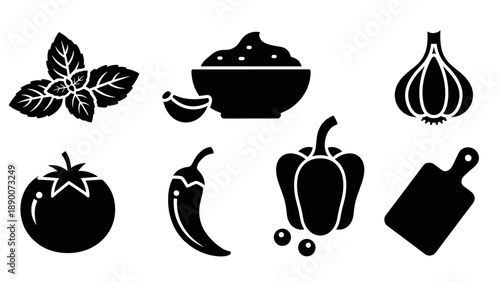Culinary silhouettes: herbs, vegetables, and cooking utensils in bold black icons