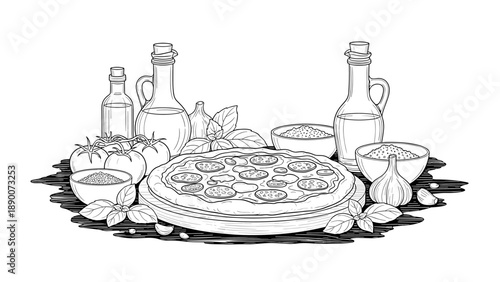 Classic italian pizza with ingredients in detailed line art style