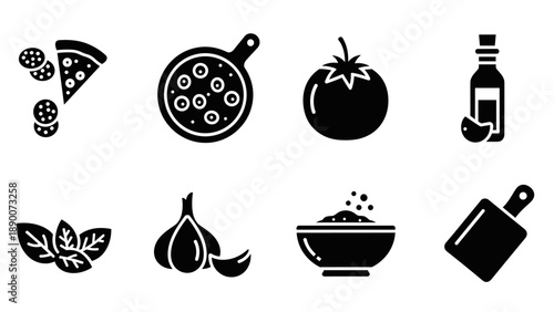 Italian cuisine elements: pizza, olive oil, tomato, basil, garlic, salad, cutting board