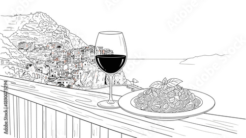 Italian coastal view with wine and pasta: line art scene capturing culinary and scenic beauty