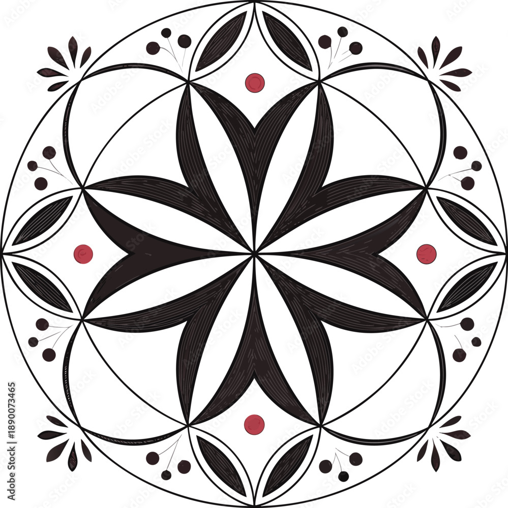 Fototapeta premium A detailed black and white geometric pattern with accents of red dots and floral details, creating a symmetrical design
