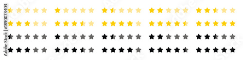 Comprehensive set of star rating icons. Vector illustration of five-star ranking system in yellow and black with half-filled options.