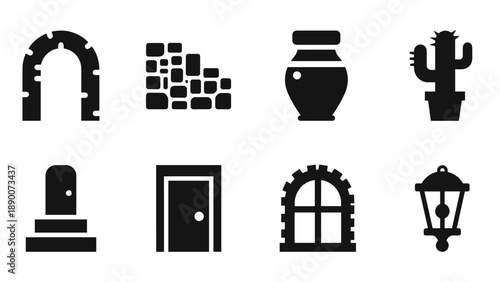 Silhouette icons of ancient architecture elements and artifacts