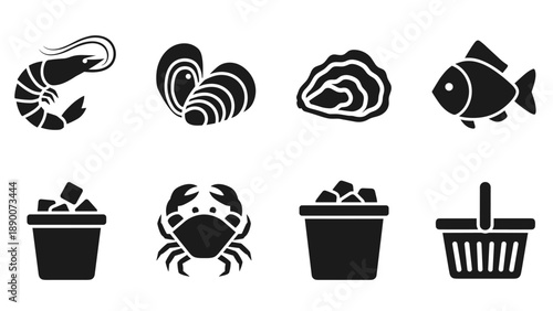 Seafood icons: silhouette style of shrimp, crab, fish, and baskets