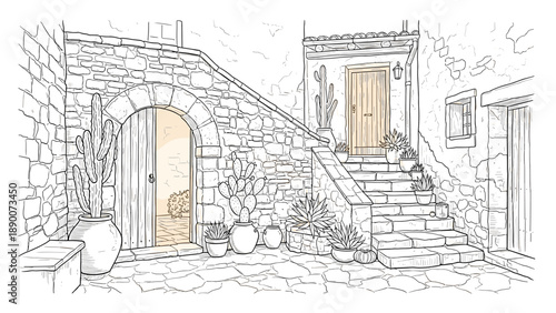 Charming mediterranean courtyard with stone walls and cacti