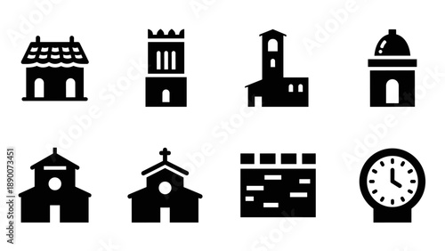 Minimalist icon set of historic buildings and landmarks in silhouette style