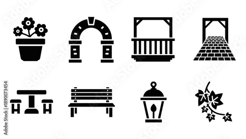 Urban park elements: benches, lanterns, and plant decor icons set