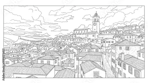 Hand-drawn cityscape of mediterranean town with historic architecture and clock tower