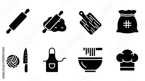 Culinary icons set: baking tools, kitchen utensils, chef hat, and food essentials