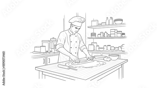 Chef rolling dough in kitchen line art