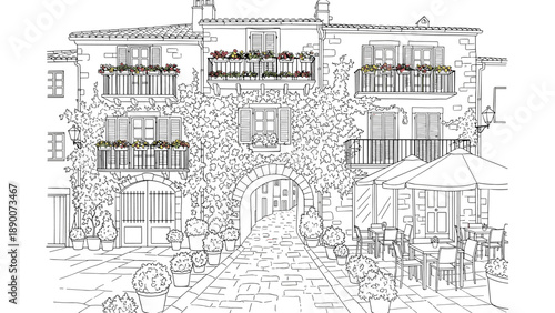 Charming mediterranean street with rustic stone buildings and floral balconies