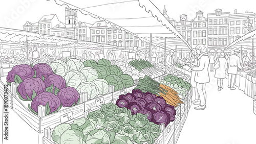 Bustling market scene with fresh produce stalls and cityscape background in detailed line art style