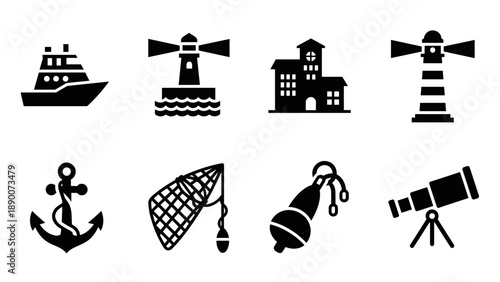 Nautical icons set: silhouette symbols of lighthouse, anchor, and telescope