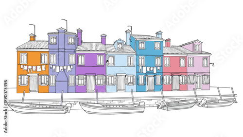Colorful row of houses with boats on waterfront in outline style