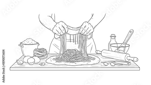 Chef preparing fresh pasta: black and white line art in the kitchen
