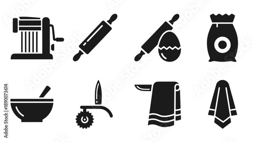 Silhouette kitchen tools collection featuring pasta maker and rolling pin icons