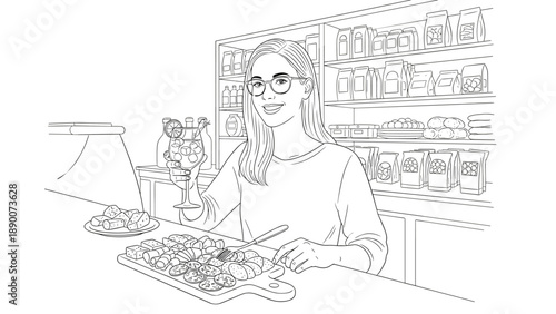 Woman enjoying refreshing cocktail with snacks in grocery store setting