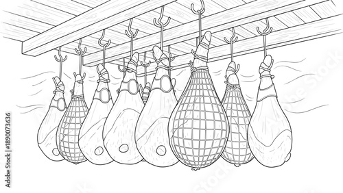 Hanging prosciutto hams in rustic curing room: detailed line art