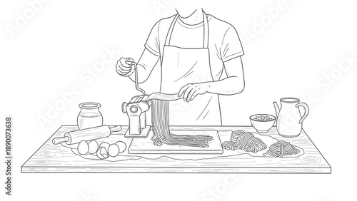 Chef making fresh pasta with manual machine in kitchen outline drawing
