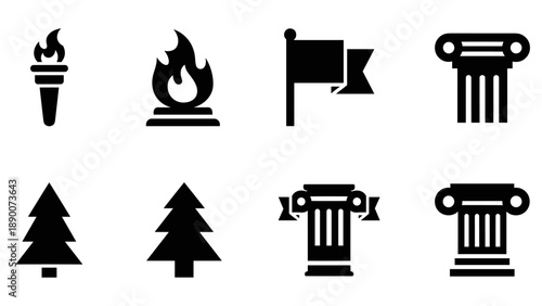 Silhouette icons: torch, flame, flag, column, tree